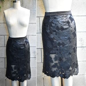 Handmade black leather floral mesh pencil skirt L